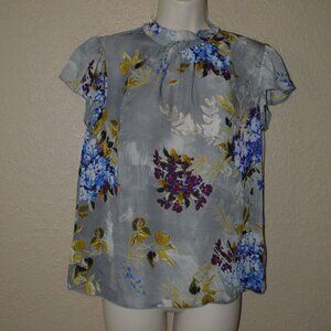 Sz XS Go By GoSilk Gray Silk Floral Print Cap Sleeve Blouse